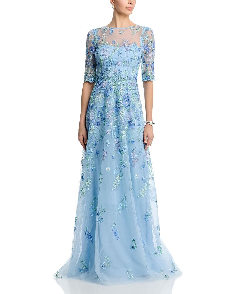 テリジョンバイリッキーフリーマン レディース トップス ワンピース チュール 刺繍 Teri Jon by Rickie Freeman Embroidered Tullelbow Sleeve Gown Blue Multi ブルー