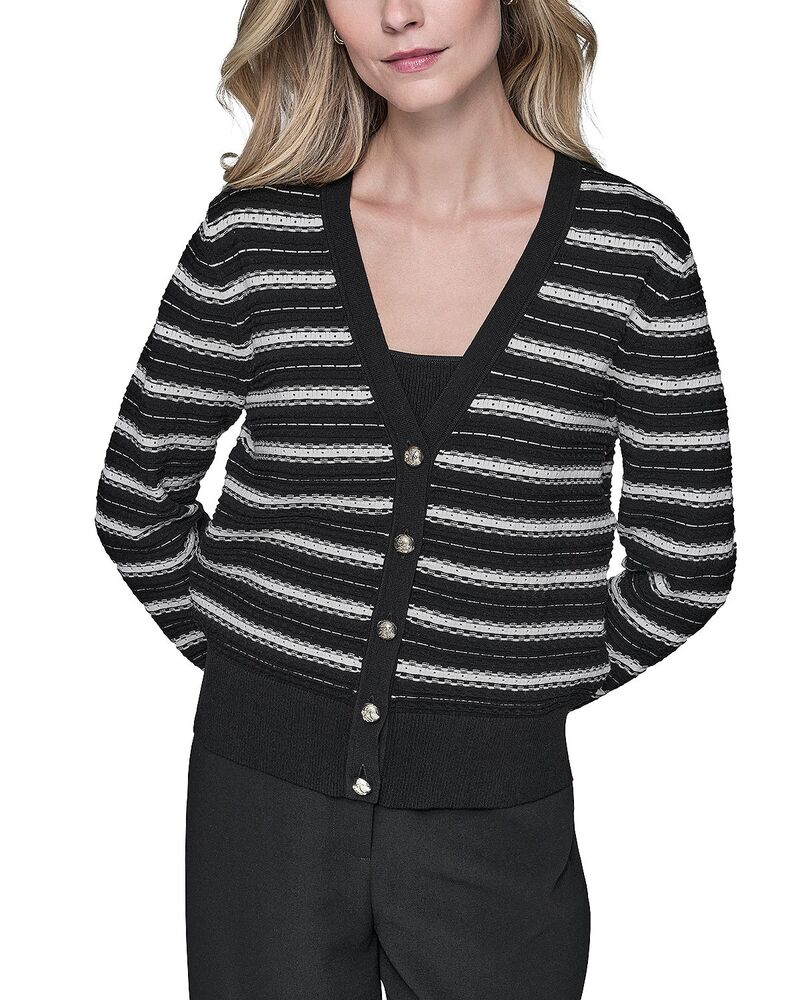 カール ラガーフェルド レディース アウター ニット・セーター Vネック カーディガン KARLAGERFELD PARIStriped V Neck Cardigan Black/ Bisque ブラック