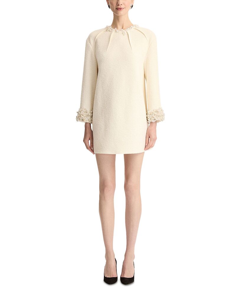 オスカー デ ラ レンタ レディース トップス 衣装 ツィード 刺しゅう Oscar de la Renta Long Sleeve Faux Pearl Embroidered Tweed Cocktail Dress Ivory 象牙色
