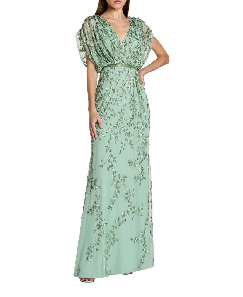 マックダガル レディース トップス ワンピース Vネック Mac Duggal Beaded V-Neck Short Sleeve Blouson Gown Seafoam｜ReVida 店