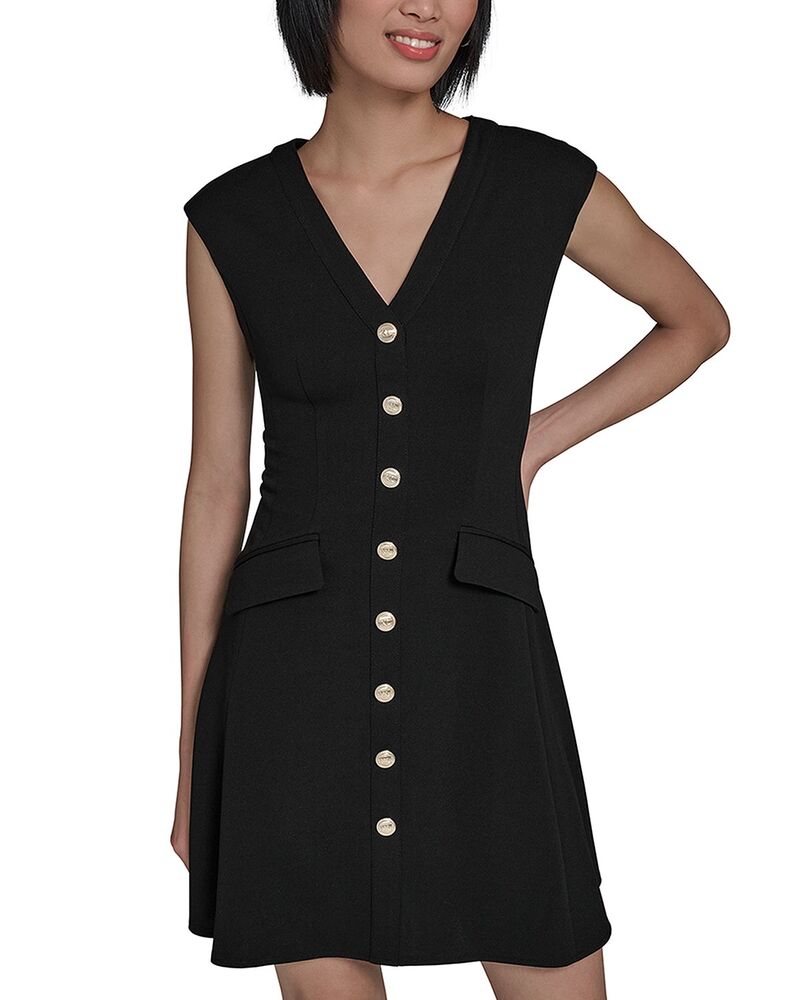 カール ラガーフェルド レディース トップス ワンピース Vネック KARLAGERFELD PARIS V Neck Button Front Fit And Flare Dress Black ブラック|ReVida 店