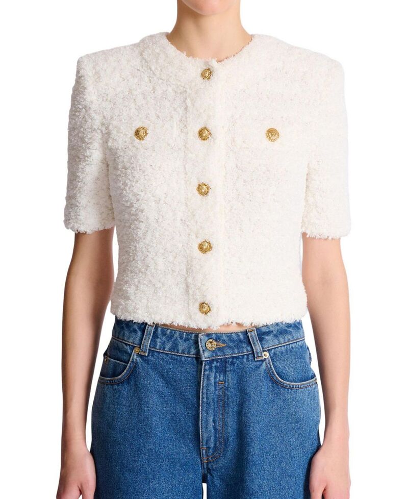 バルマン レディース アウター ジレー ツィード Balmain Cardigan インチ Dotted Tweed White 白いこと