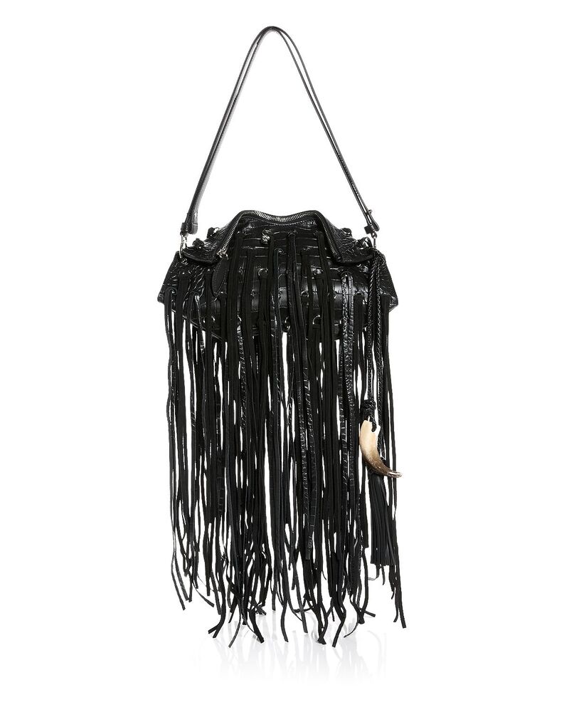 マックイーン レディース 御徒面子 なめし革 フリンジ McQueen Manta Fringe Leather Clutch Black 黒いこと