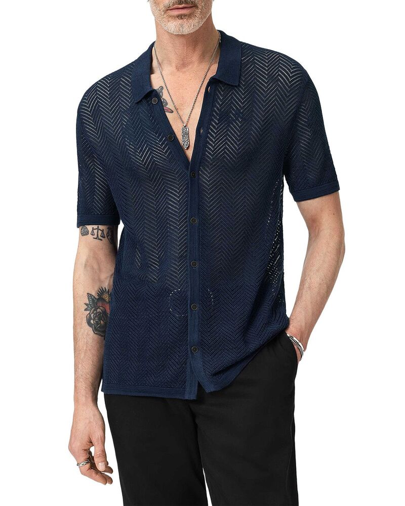 ジョンバルベイトス メンズ トップス シャツ John Varvatos Ginsberg Herringbone Shirt Deep Blue ブルー|ReVida 店