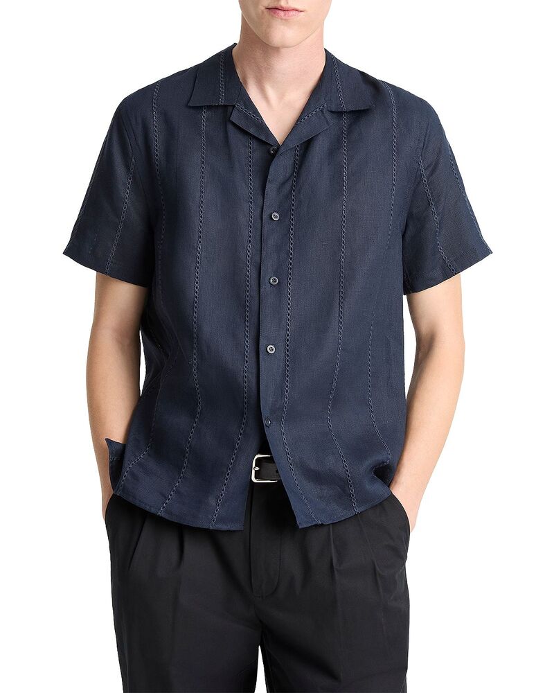 ヴィンス メンズ トップス シャツ リネン Vince Linen Eyelet Stripe Short Sleeve Cabana Shirt Coastal ストライプ