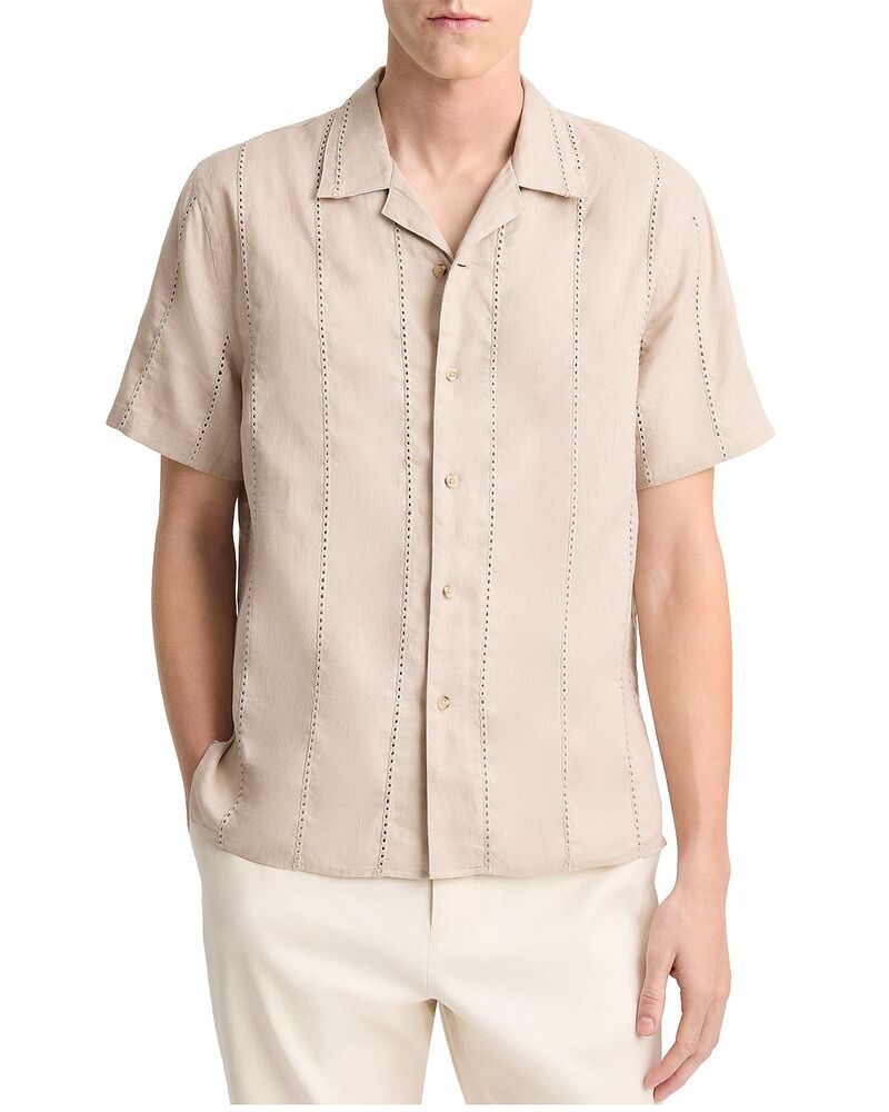 ヴィンス メンズ トップス シャツ リネン Vince Linen Eyelet Stripe Short Sleeve Cabana Shirt Pumice Rock ストライプ