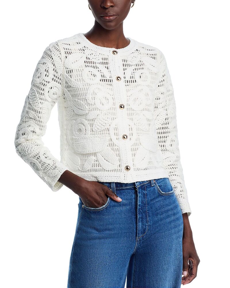 ティー・タハリ レディース アウター ジレー 労働者の一団素っ首 Tahari Novelty Crochet Button Front Crewneck Cardigan White Star 白いこと