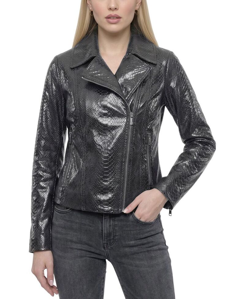 ゴルスキ レディース アウター ジャケット・ブルゾン プリント スエード Gorski Metisuede Pythn Printed Moto Zip Jacket Anthracite