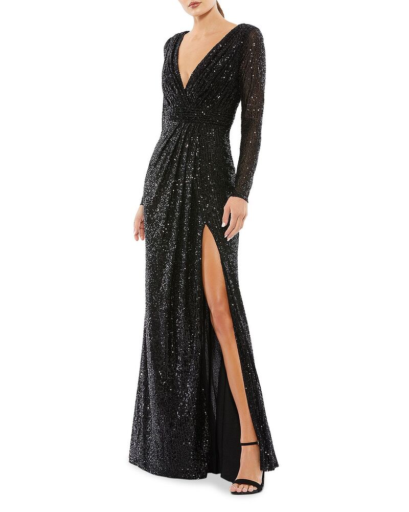 マックダガル レディース トップス ワンピースパンコール Mac Duggal Sequined Long Sleeve Gown Black 黒いこと