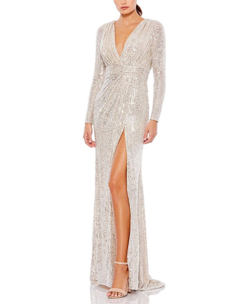 マックダガル レディース トップス ワンピースパンコール Mac Duggal Sequined Long Sleeve Gown Silver シルバー
