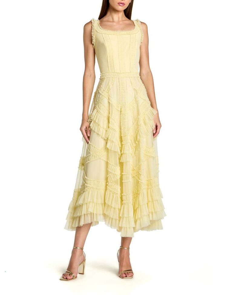 マックダガル レディース トップス ワンピース フリル メッシュ ミディ ノースリーブ Mac Duggal Scoop Neck Sleeveless Mesh Micro Ruffle Midi Dress Buttercup