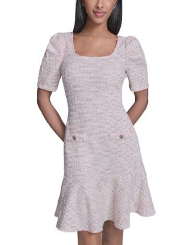 カール ラガーフェルド レディース トップス ワンピース ツイード ニット KARLAGERFELD PARISquare Necknitweed Puff Sleeve Flounce Hem Dress One-Size
