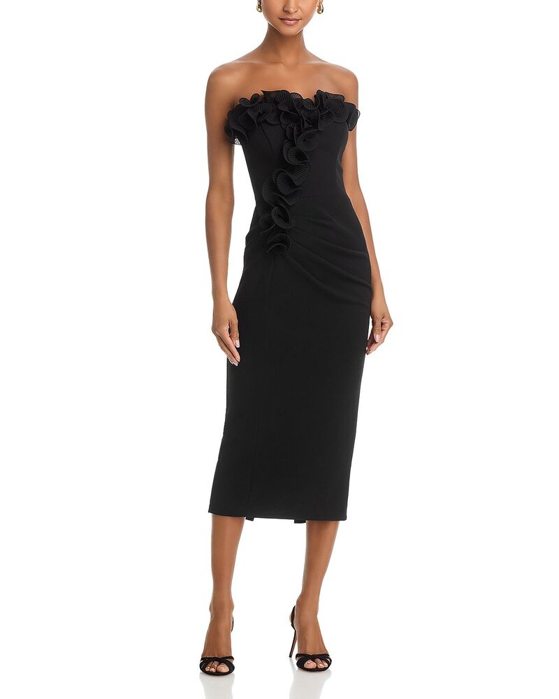 アクア レディース トップス ワンピース クレープ フリル ミディ スキューバ ストラップレス AQUA Scuba Crepe Strapless Ruffle Midi Dress - Exclusive Black ブラック