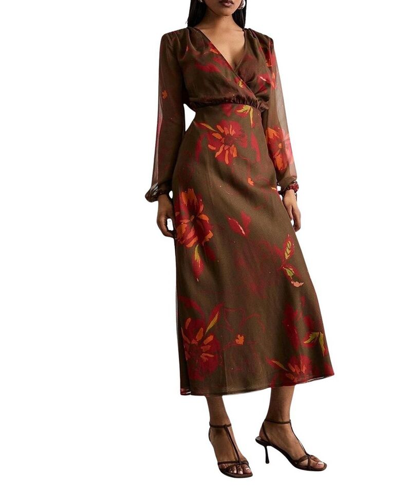 ウエアハウス レディース トップス ワンピース Vネック タイディテール プリント ミディ Warehouse Printed V Neck Tie Detail Midi Dress Brown ブラウン