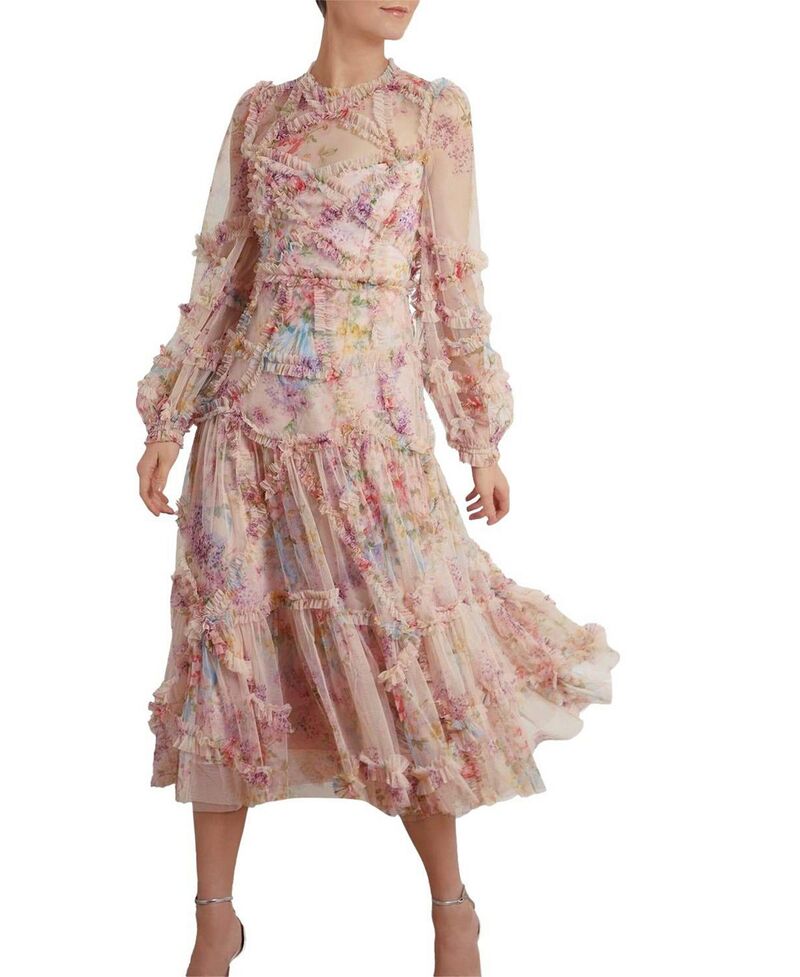 ニードルアンドスレッド レディース トップス ワンピース フラワー柄 フリル フラワー Needle & Thread Floral Diamond Ruffle Ballerina Dress Topaz Pink ピンク