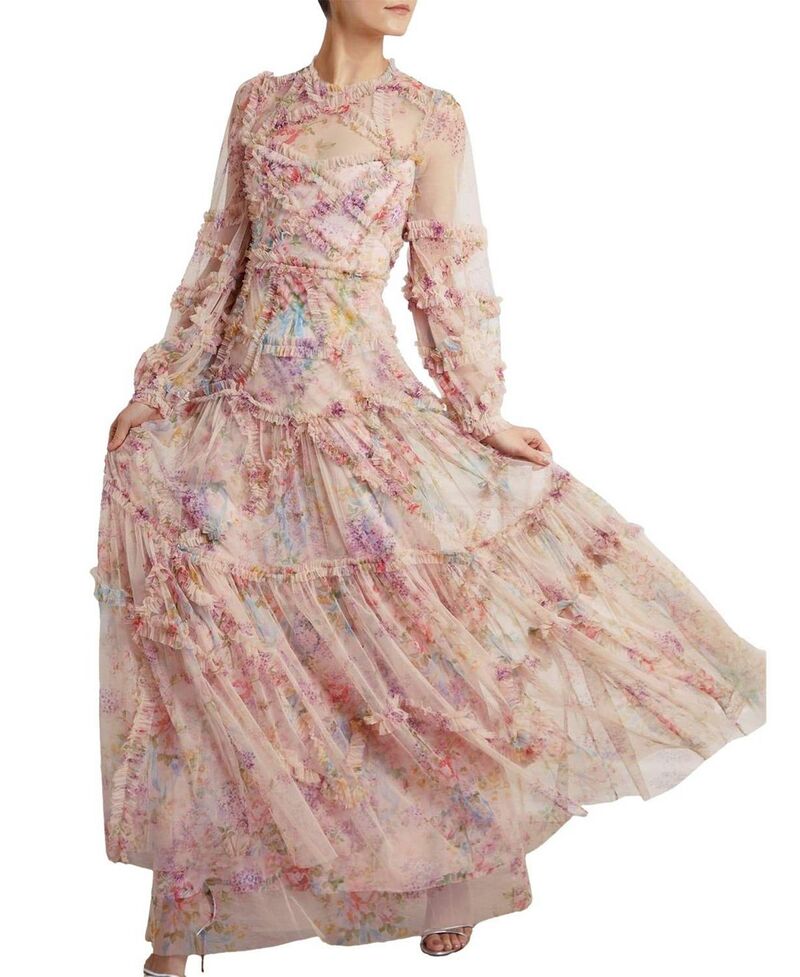 ニードルアンドスレッド レディース トップス 衣裳 御花柄 フラウンス 御花 Needle \u0026 Thread Floral Diamond Ruffle Gown Topaz Pink さくら色