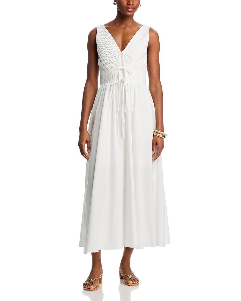お月さまリバー レディース トップス 衣装 V素っ首 midi Moon River V Neck Tie Front Midi Dress White 白いこと