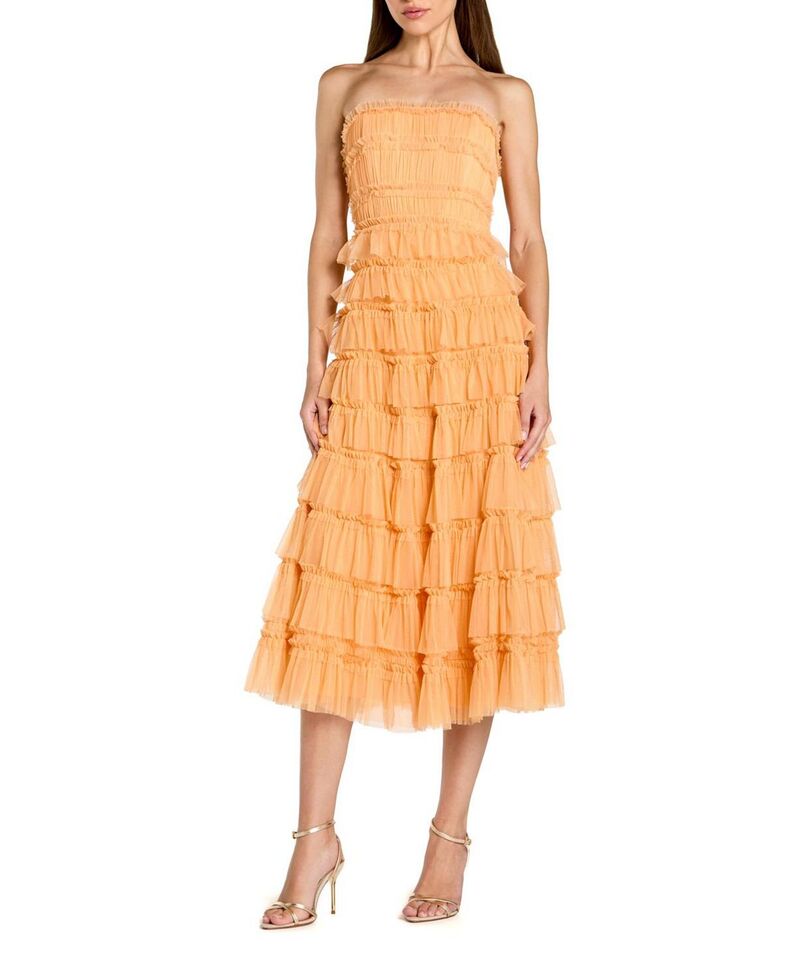 マックダガル レディース トップス ワンピース フリル メッシュ ミディ ストラップレス Mac Duggal Solid Mesh Dot Micro Ruffle Strapless Midi Dressherbet