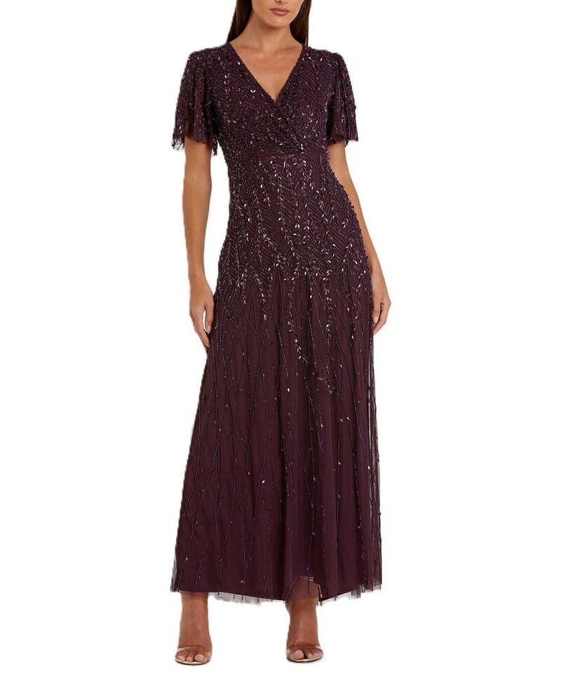 マックダガル レディース アンダーお召しもの ナイト爵お召しもの Mac Duggal Embellished Flutter Sleeve Gown Aubergine 厚地の外套ジーン