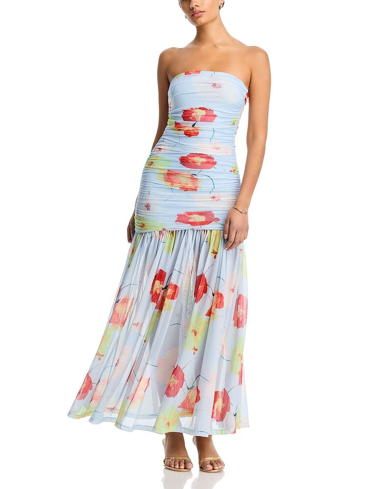 バードット レディース トップス ワンピース プリント メッシュ マキシ Bardot Solana Printed Mesh Maxi Dress Baby Blue Floral ブルー｜ReVida 店