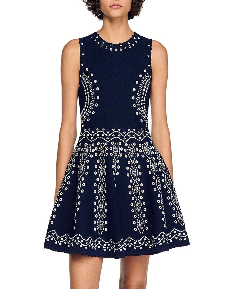 サンドロ レディース トップス ワンピース プリント キャップ ニット Sandro Capri Scarf Print Knit Short Dress Navy Blue ネイビー 85,140円