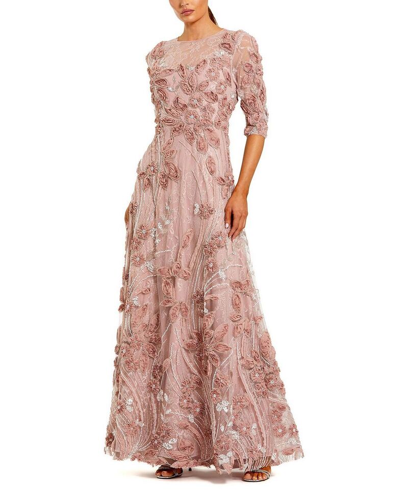 マックダガル レディース トップス ワンピース A ライン ハイネック プチ 刺繍 Mac Duggal Petite 3/4 Sleeve High Neck Embroidered A Line Gown Mocha モカ
