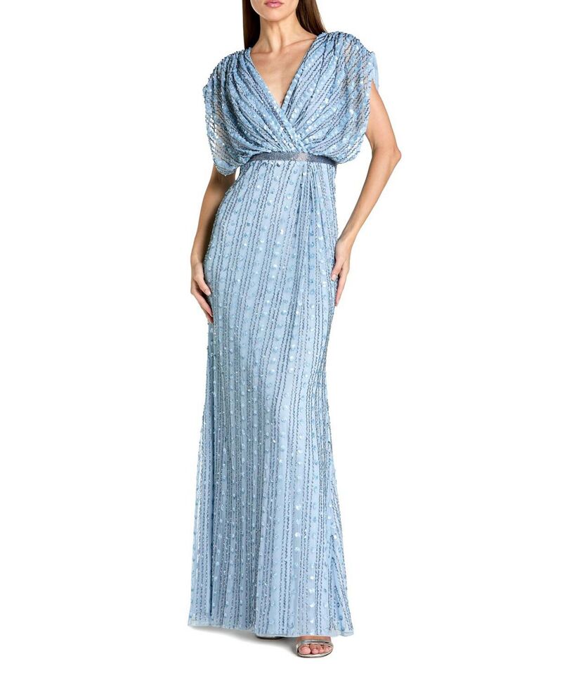 マックダガル レディース トップス 衣裳 Vのど首 メッシュ Mac Duggal Beaded Mesh Blouson V Neck Column Gown Periwinkle ワンピース-レディースファッション