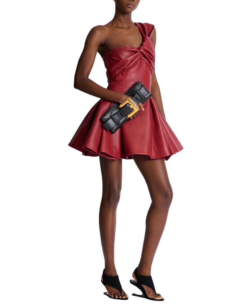 バルマン レディース トップス 衣装 壱肩部 なめし革 Balmain Smooth Leather One-Shoulder Dress Red 赤いこと