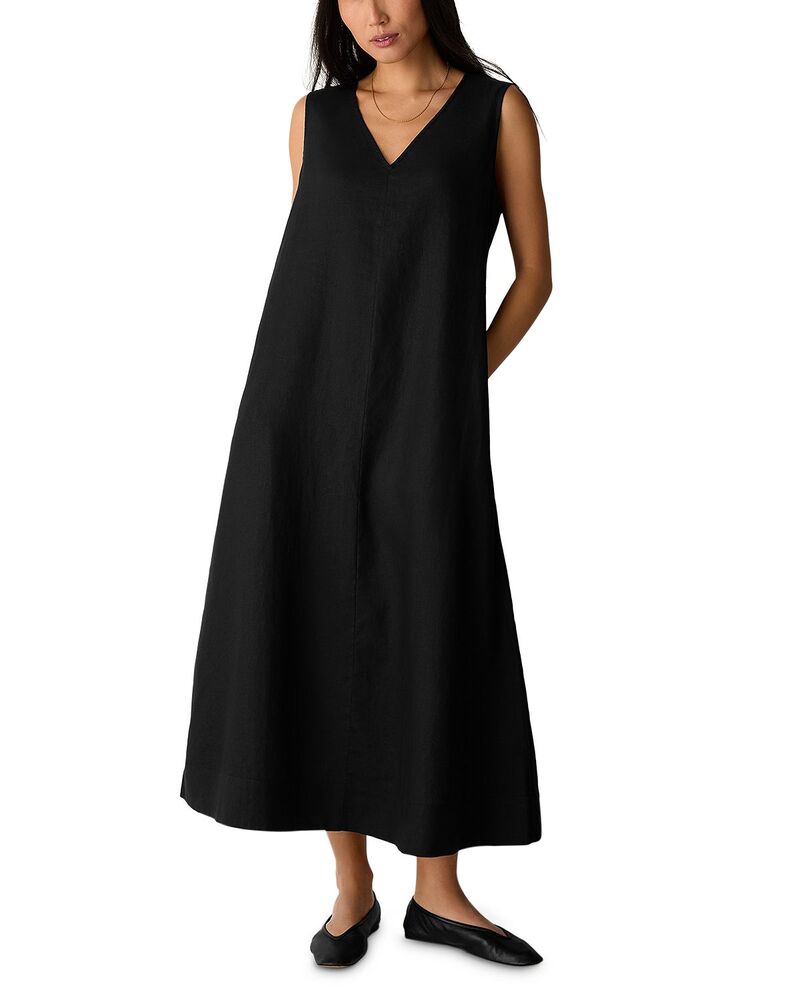 エイリーンフィッシャー レディース トップス ワンピース Vネック Eileen Fisher V-Neck Dress Black ブラック｜ReVida 店