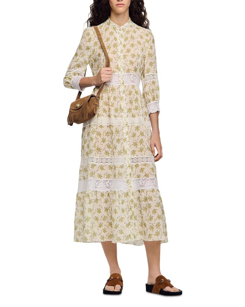 サンドロ レディース トップス ワンピース レーストリム フラワー柄 レース マキシ フラワー Sandro Floralace Trimaxi Dress Olive / Ecru エクリュ