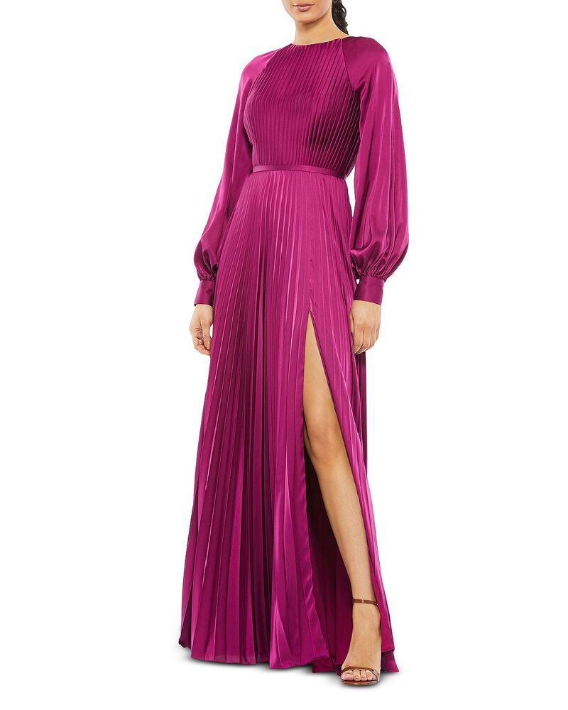 マックダガル レディース トップス ワンピース サイドスリット ハイネック プリーツ Mac Duggal Pleated High Neck Raglan Long Sleeve Side Slit Gown Berry