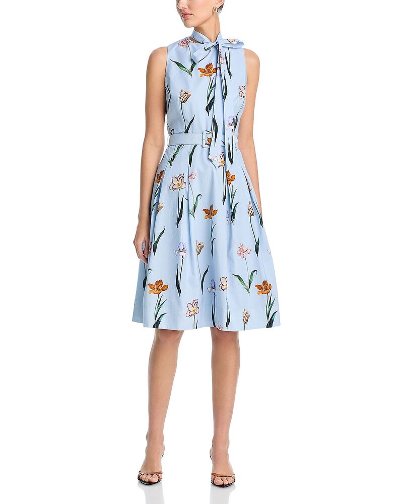 テリジョンバイリッキーフリーマン レディース トップス ワンピース プリント コットン Teri Jon by Rickie Freeman Cotton Printie Neck Dress Light Blue Multi ブルー