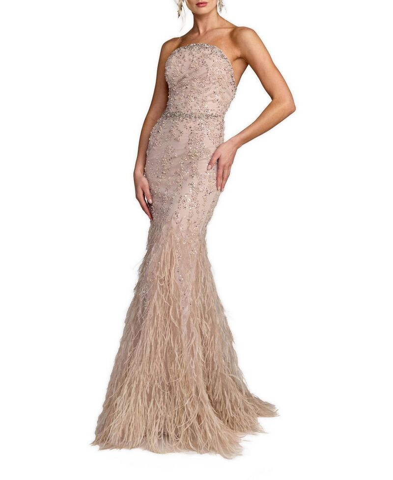 マックダガル レディース トップス ワンピーストラップレス Mac Duggal Strapless Beaded Netrumpet Gown with Feathers Champagne シャンパン 305,910円