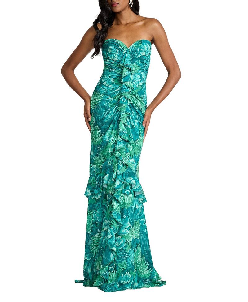 タダシショージ レディース トップス ワンピース プリント フリル Tadashi Shoji Cleta Foliage Print Cascading Ruffle Gown Emerald Green/Multi グリーン