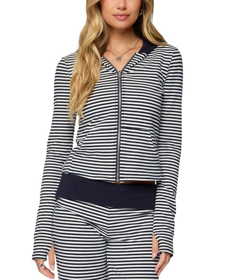 アディクテッド レディース アウター パーカー・スウェット Edikted Meggy Striped Zip Up Hoodie Navy and White 白いこと