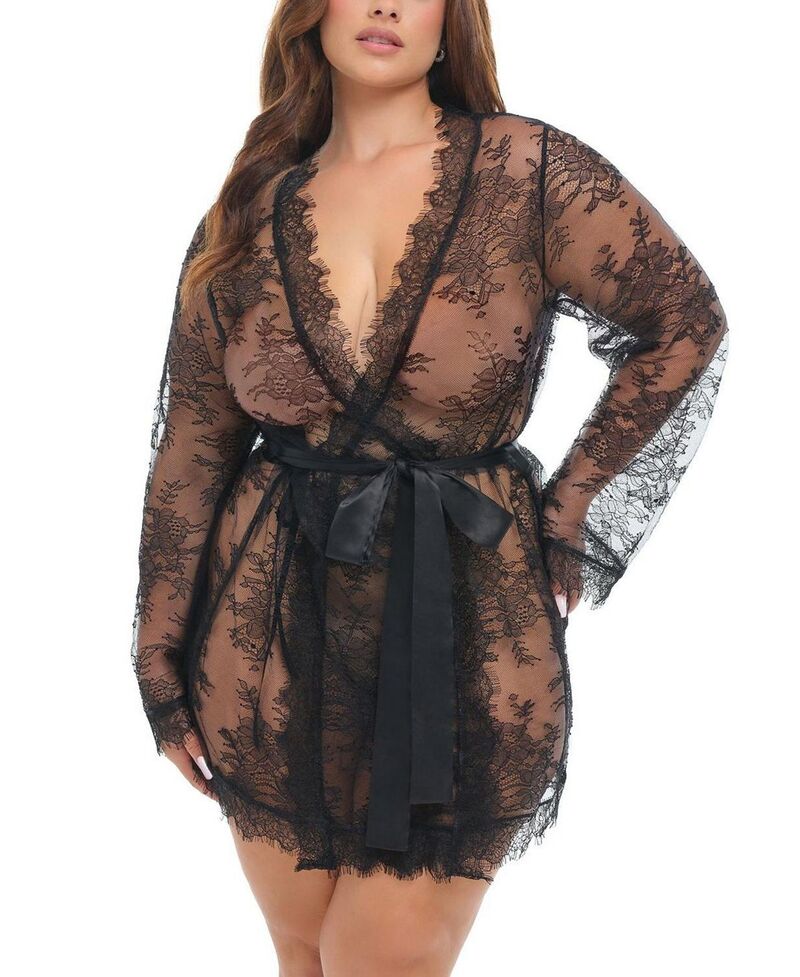 ララシェリ レディース アンダー御召しもの ナイト爵御召しもの スピード競技 Oh La Cheri Curvy Amour Short Lace Robe Black 黒いこと