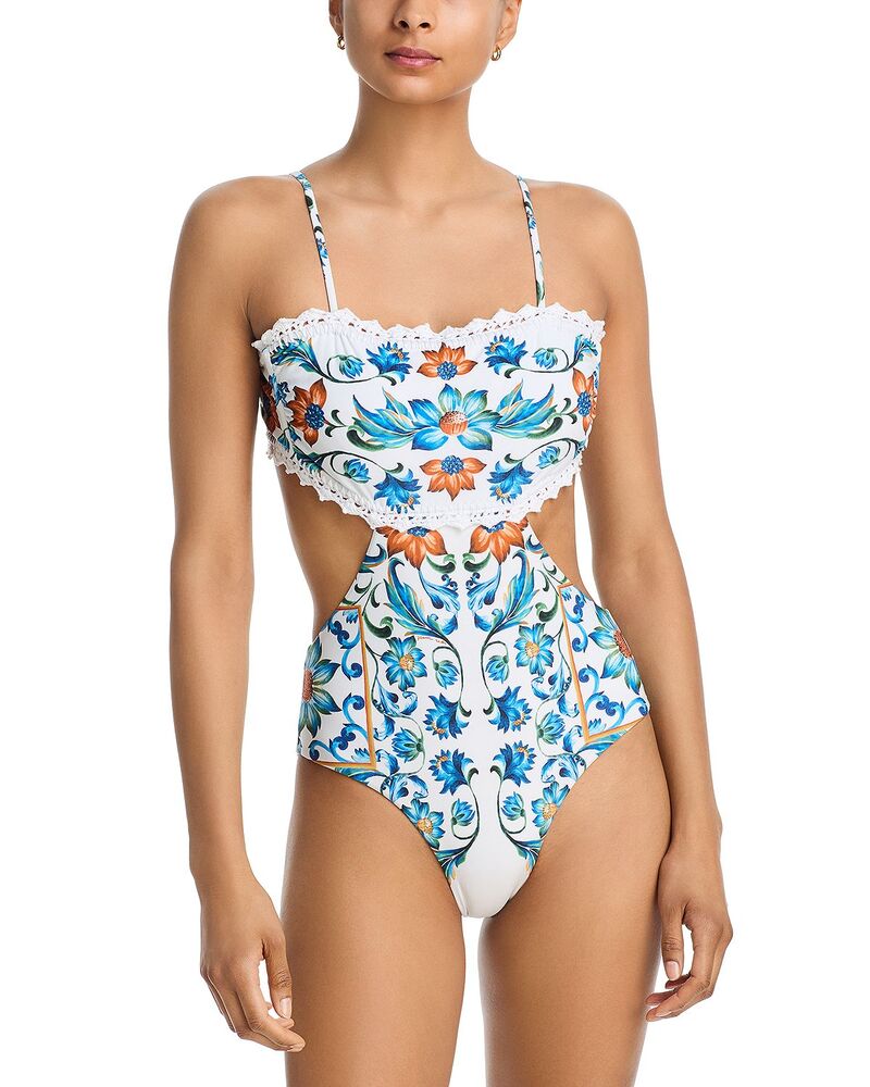 耕園 レディース 海水着 上下書き割り FARM Rio Flora Tile One Piece Swimsuit Off-White 象牙色