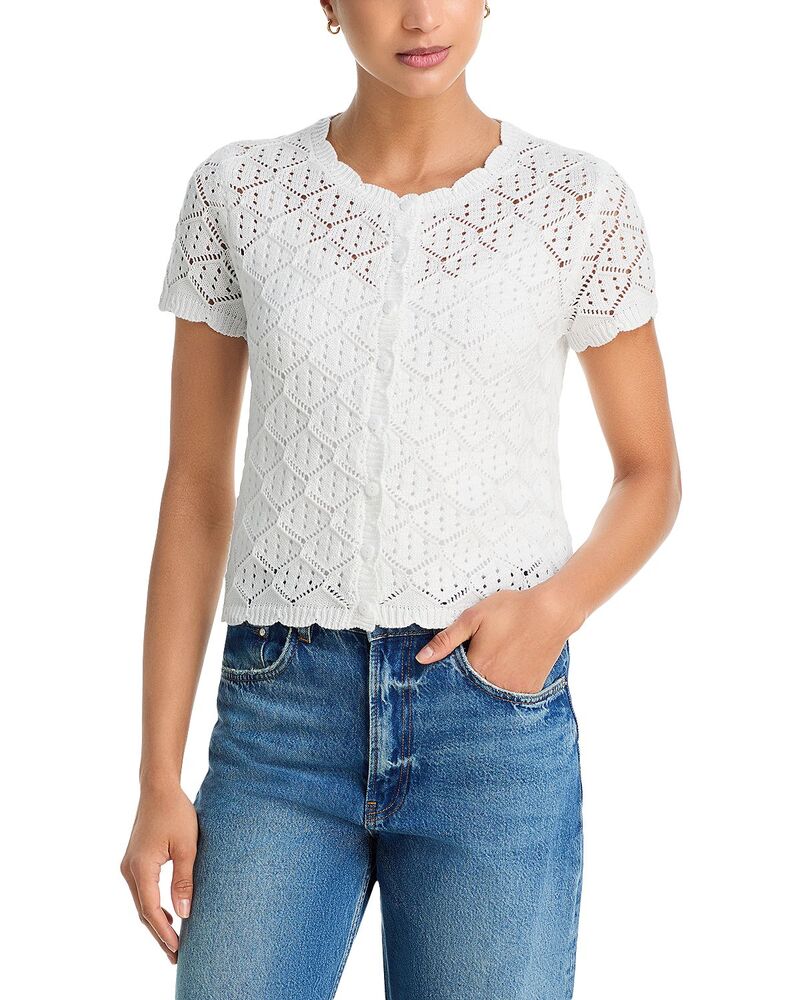 アクア レディース アウター カーディガン ニット AQUA Pointelle Knit Short Sleeve Cardigan - Exclusive White ホワイト|ReVida 店