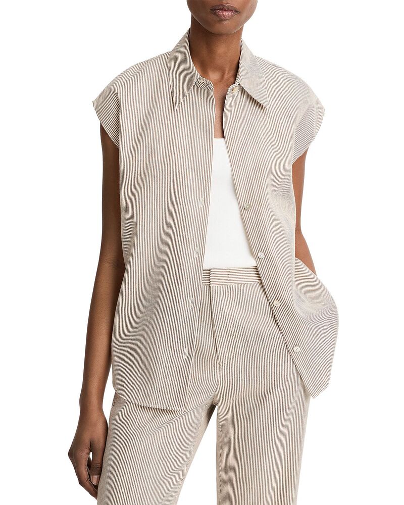 ヴィンス レディース トップス シャツ リネン Vince Ticking Stripe Linen Top Taupe Wood トープ