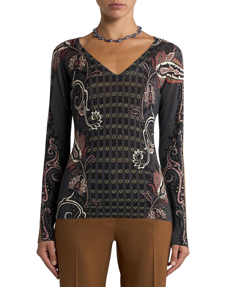 エトロ レディース アウター ニット・セーター Vネック シルク Etro Silk Cashmere V Neck Long Sleeve Sweater Multi/White ホワイト