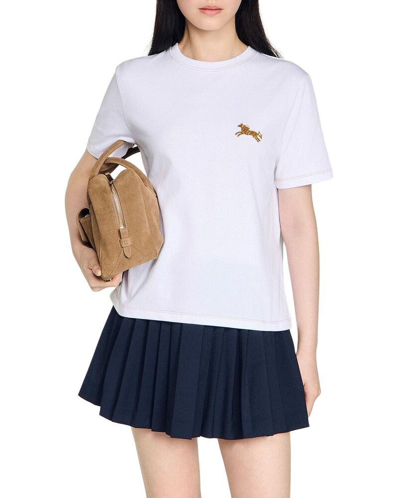 サンドロ レディース トップス Tシャツ スパンコール コットン Sandro Maisie Sequined Horse Cotton Tee White ホワイト
