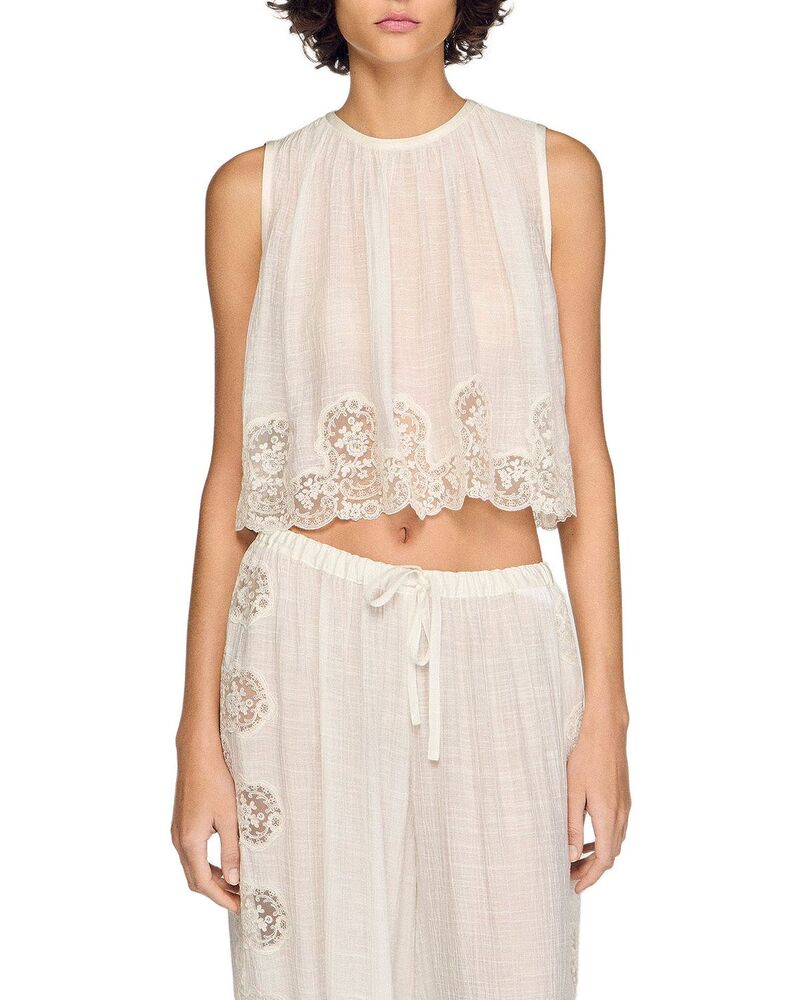 サンドロ レディース トップス シャツ Sandro Crepon Crop Top White ホワイト