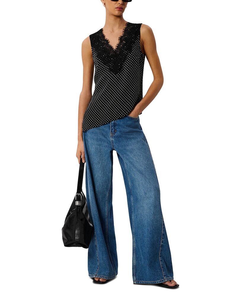 ホイッスルズ レディース トップス シャツ レーストリム ミニ レース Whistles Mini Spot Lace Trim Top Black/White ホワイト｜ReVida 店