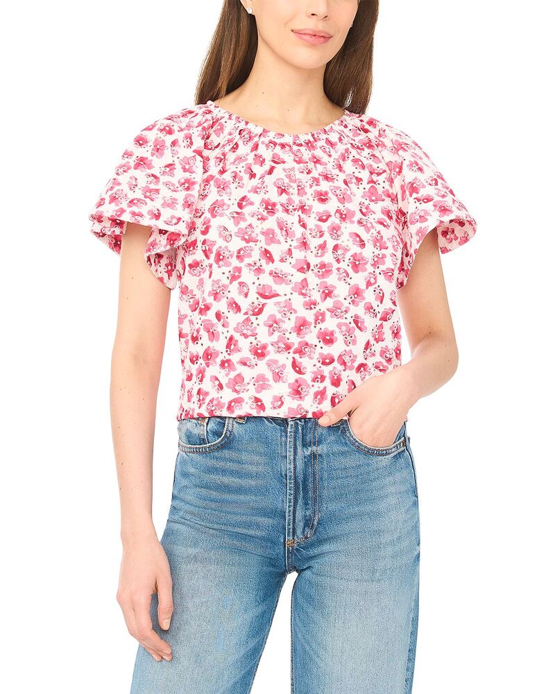 セセ レディース トップス シャツ プリント CeCe Printed Eyelet Short Sleeve Top Rose Cerise