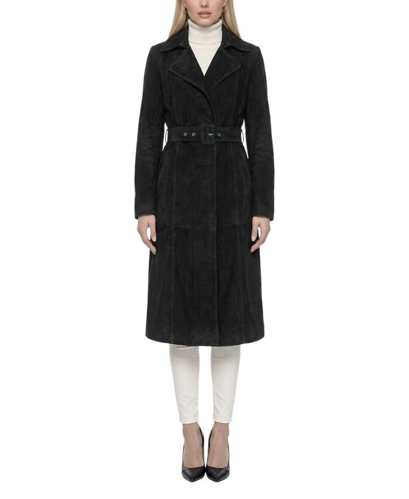 ゴルスキ レディース アウター 厚地の外套 スエードクロス Gorski Metisuede Belted Trench Coat Black 黒いこと