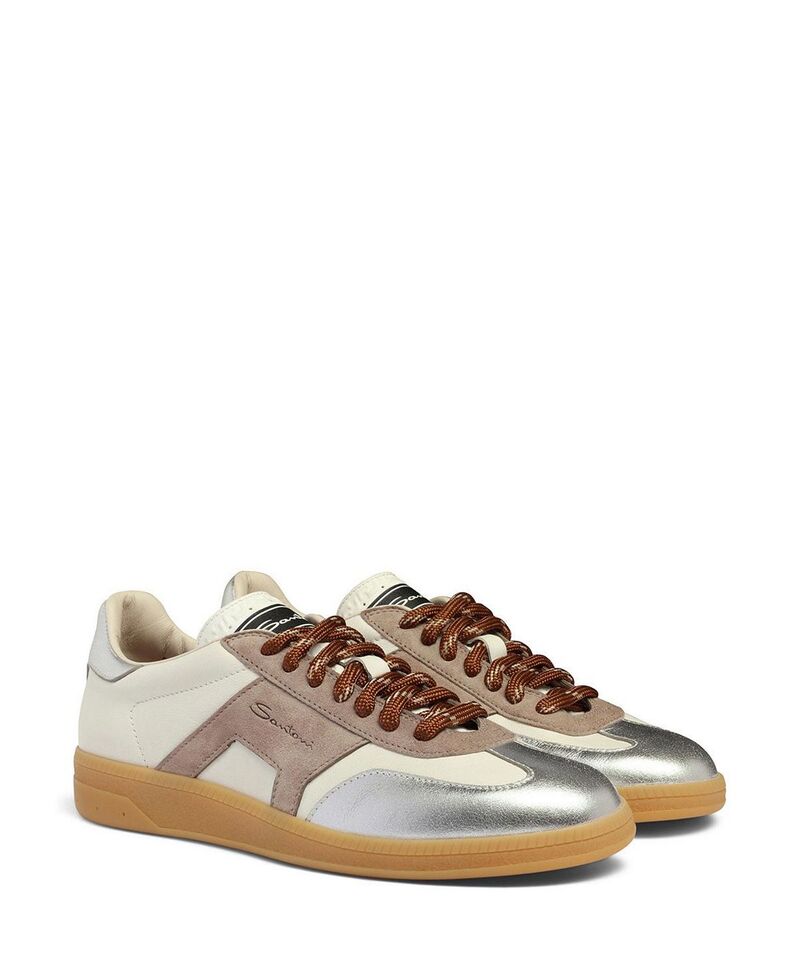 サントーニ レディース シューズ スニーカー スエードクロス なめし革 Santoni Women\u0027s Leather and Suede DBS Oly Sneaker White Beige and Silver 白いこと