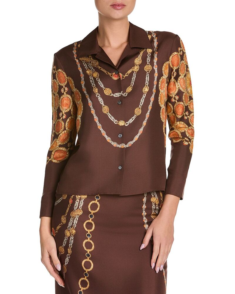 ヴェルサーチ レディース トップス シャツ プリント シルク Versace Silk Twill Printhe Lover Shirt Chocolate/Amber アンバー｜ReVida 店