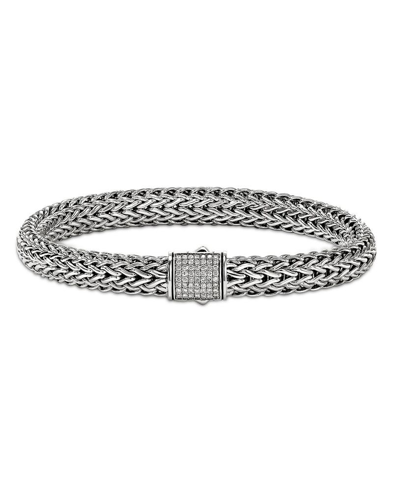 ジョン・ハーディー レディース アクセサリー ブレスレット・バングル・アンクレット JOHN HARDY Sterling Silver Icon Diamond Pav Clasp Woven Bracelet 7.5mm Silver シルバー