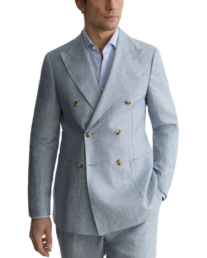 レイス メンズ アウター ジャケット・ブルゾン ブレザー リネン REISS Linen Twill Double Breasted Tailored Fit Blazer Soft Blue ブルー