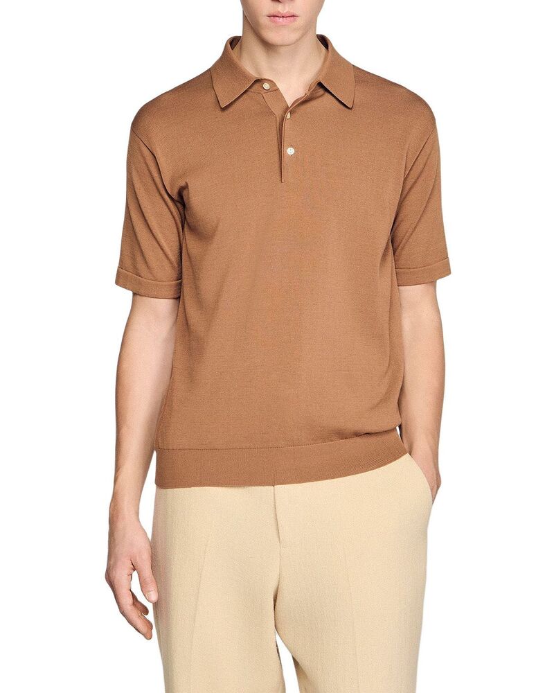 サンドロ メンズ トップス ポロシャツ シルク コットン Sandro Cotton and Silk Polo Shirt Dark Camel キャメル｜ReVida 店